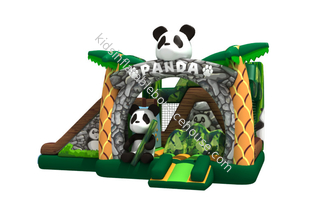 Combinado temático da panda inflável bonita com corrediça dobro ao lado dos desenhos animados infláveis do pande do leão-de-chácara em combinado