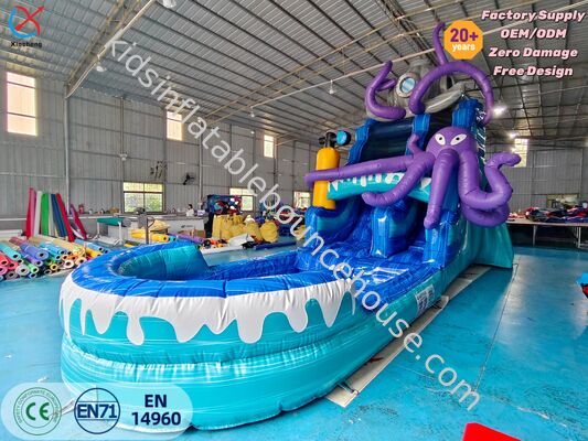 Tobogã inflável com tema de polvo, tobogã inflável gigante com piscina para uso externo